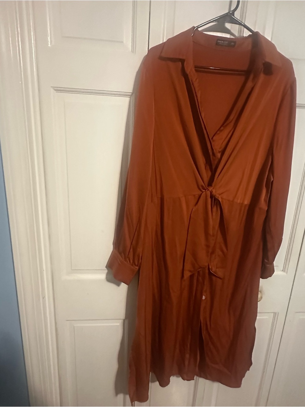 SHEIN Rust Orange Long Sleeve Tie-Front Shirt Dress
